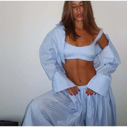 Drop Waist Lantern Pant 3 Pieces Suit Women Stripe Bikini Long Sleeve Lapel Shirt Pants Sets 2026 Female Casual Street Outfit