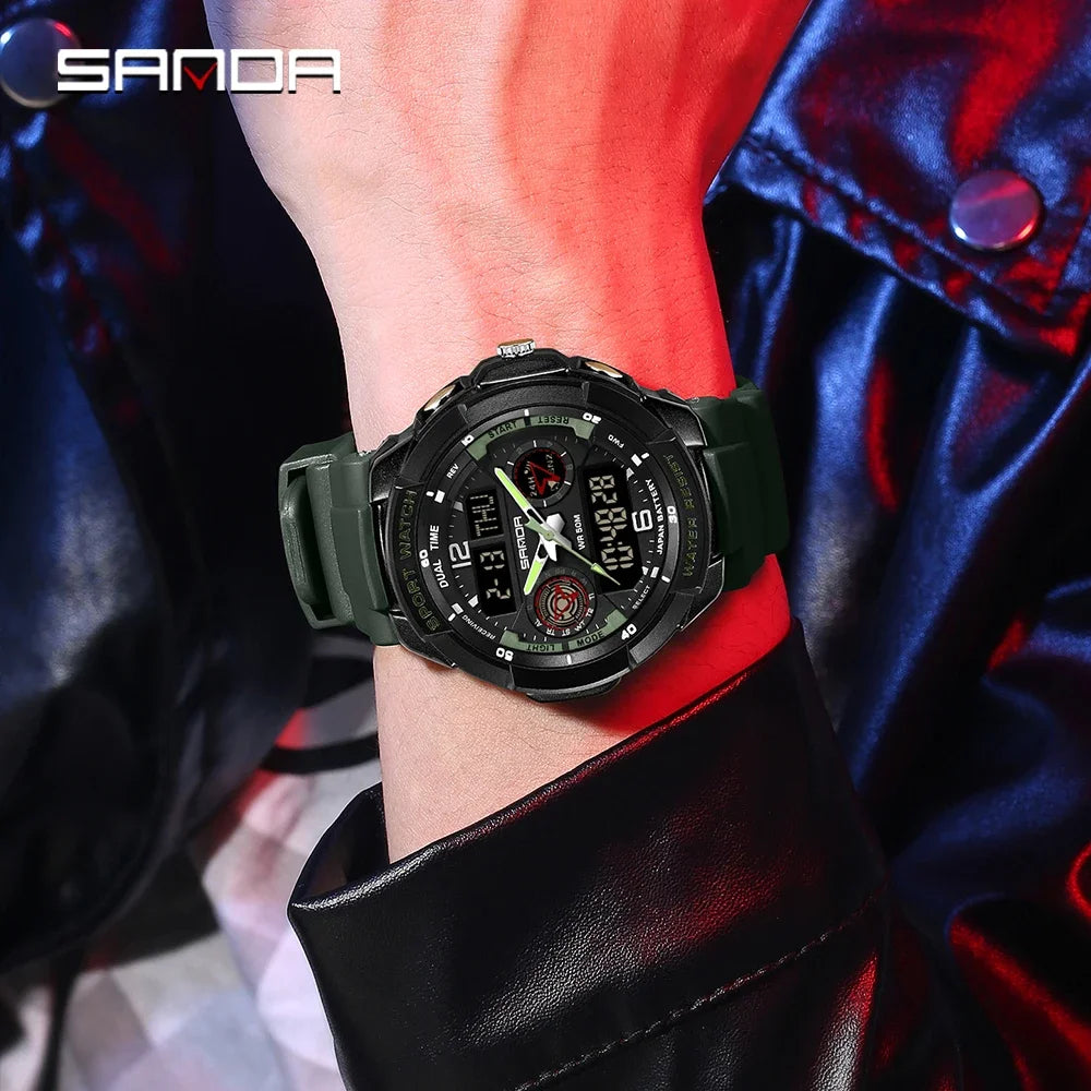 SANDA 6197 Top Class Men's Korean Student Electronic Watch Sports Multi functional Alarm Clock Waterproof Men's Watches 2024