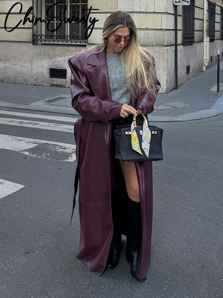 Street Pu Leather Women Long Coat Y2K Solid Belt Lapel Pocket Full Sleeve Female Jacket 2025 Autumn Winter Lady Outwear New