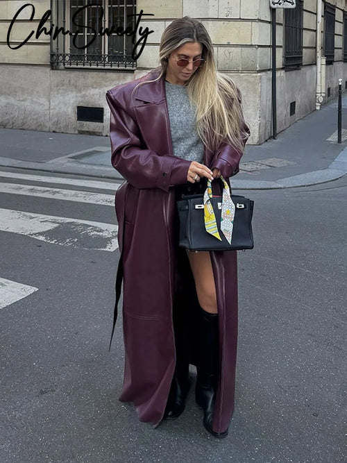 Street Pu Leather Women Long Coat Y2K Solid Belt Lapel Pocket Full Sleeve Female Jacket 2025 Autumn Winter Lady Outwear New
