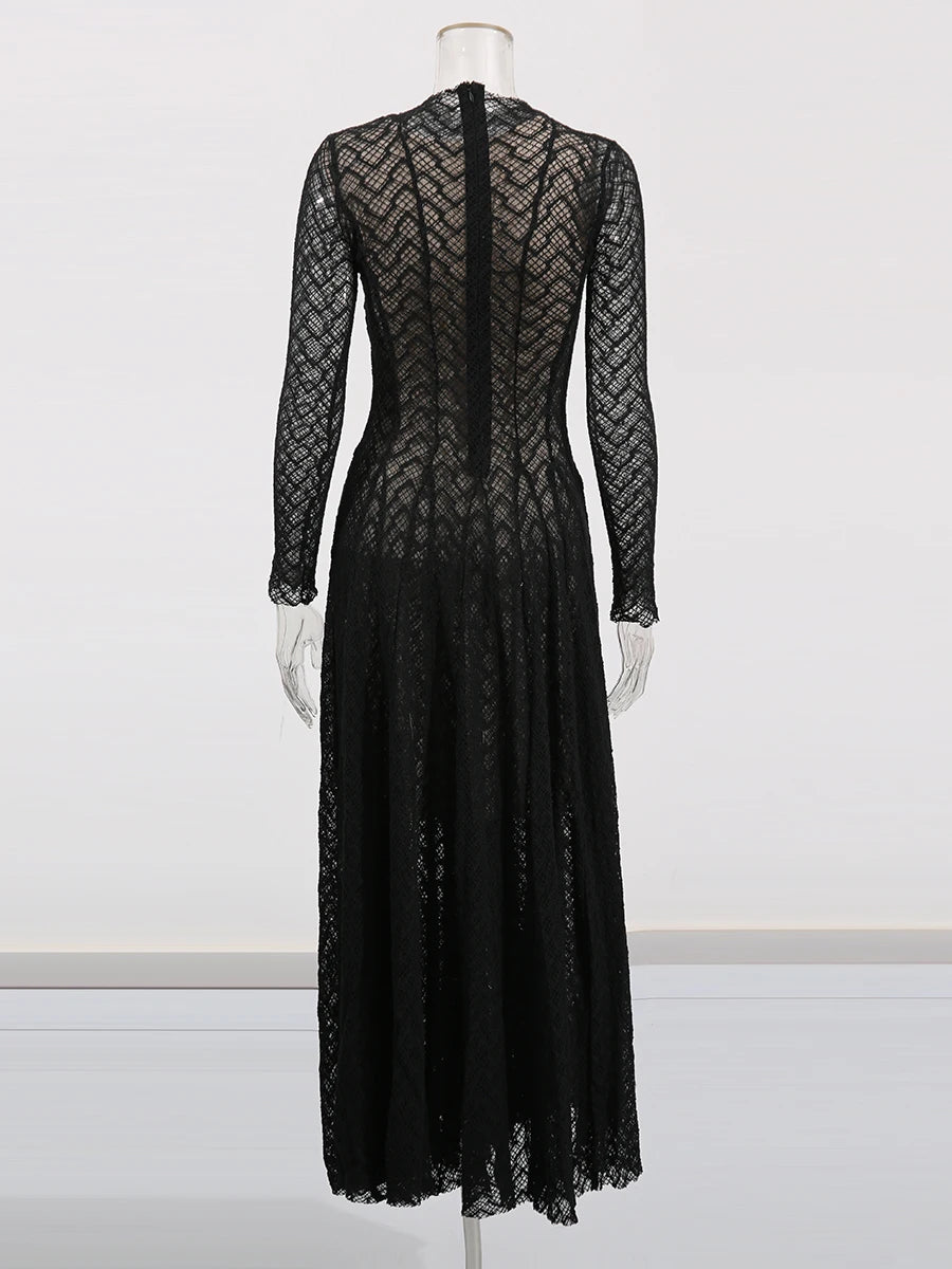 TWOTWINSTYLE Hollow Out Mesh Long Dress for Women Stand Collar Slimming Long Sleeve High Waist Chic Pleated Dresses Female New