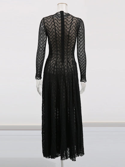 TWOTWINSTYLE Hollow Out Mesh Long Dress for Women Stand Collar Slimming Long Sleeve High Waist Chic Pleated Dresses Female New