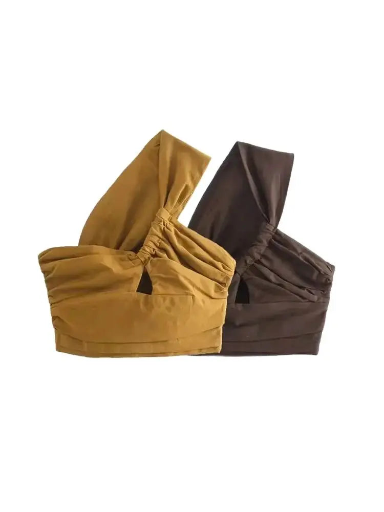 Women Sexy Fashion Pleated Asymmetry Linen Crop Tank Tops Vintage One Shoulder Side Zipper Female Camis Mujer
