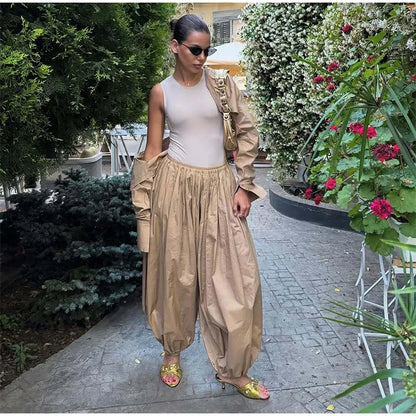 Drop Waist Lantern Pant 3 Pieces Suit Women Stripe Bikini Long Sleeve Lapel Shirt Pants Sets 2026 Female Casual Street Outfit