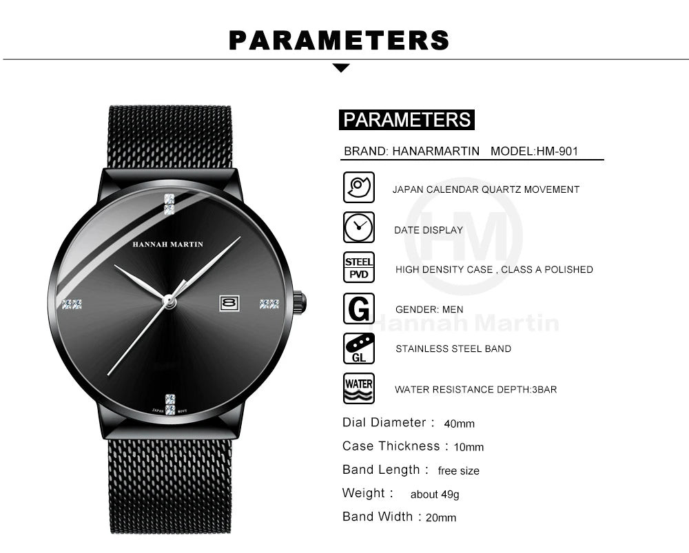 Japanese Original Quartz Movement Watch Luxury Rhinestone 40mm Blue Black Business Style Casual Fashion Stainless Steel Watches