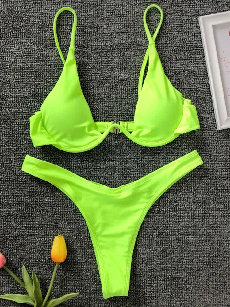 Sexy Neon V-bar Underwired Bikini 2025 Female Ribbed Swimsuit Women Thong Swimwear Two-pieces Bikini set Push up Bathing Suit
