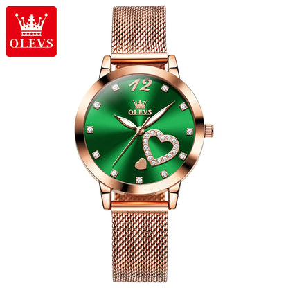 OLEVS 5189 Quartz Watch for Women Diamond Love Heart Design Fashion Elegant Rose Gold Mesh Steel Strap Waterproof Ladies Watches
