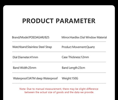 POEDAGAR Fashion Brand Man Clock Luminous Waterproof Stainless Steel Men's Watch Date Week Quartz Business Watches For Men Reloj