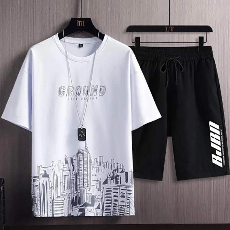 Men's Casual Sport Ice Silk Suit Printed Sweatshirt Sweatpants Outdoor Jogging Sports Basketball Training Fitness 2 Piece Suit