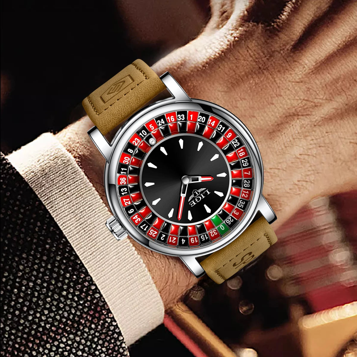 LIGE Quartz Man Watch Fashion Luxury Creative Roulette Game Dial Design Leather Casual Life Waterproof Watches for Men Gifts+Box