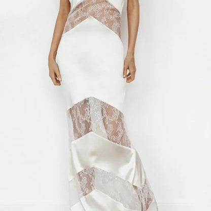 Elegant Lace Spliced Halter Long Dress Women Sexy Backless See Through Female Party Dresses 2025 Summer Lady Chic Evening Gowns