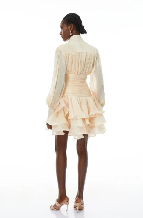 Women Elegant High Collar Ruffled Mini Dress Chic Long Puff Sleeves Waist Cinching A-line Dresses 2026 Lady Evening Dinner Gowns