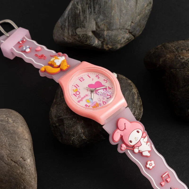 Sanrio 3D Pattern Children's Watch Cinnamoro Hello Kitty Waterproof Quartz Watch Kuromi Cartoon Silica Gel Watchband Kids