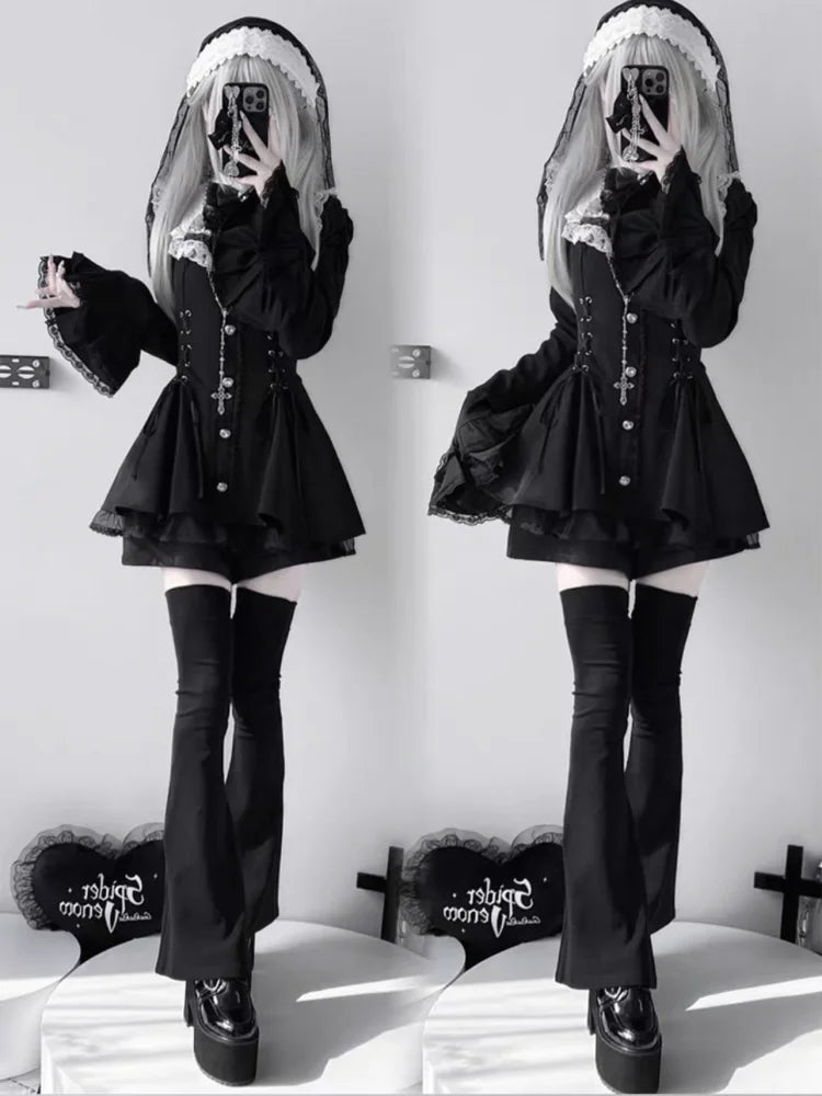 Gothic Vintage Hot Girl Slim Patchwork Dress Women High Street Lace Skinny Long Sleeve Dresses France Sweet White Clothing New