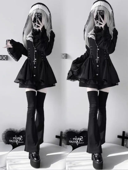 Gothic Vintage Hot Girl Slim Patchwork Dress Women High Street Lace Skinny Long Sleeve Dresses France Sweet White Clothing New