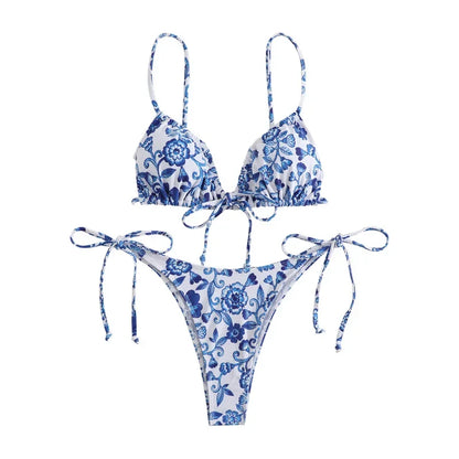 sexy floral print micro bikini blue and white porcelain bikini swimwear swimsuit women biquini thong bikini set bathing suits
