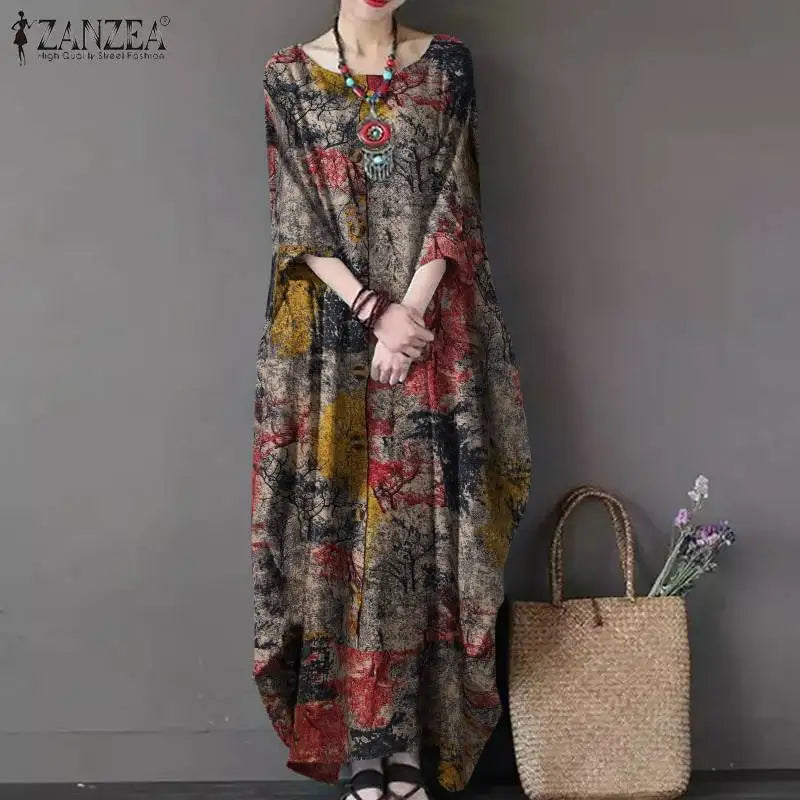 ZANZEA Bohemian Vintage Robe Women Maxi Long Dress Elegant Floral Printed Sundress Causal Loose Cotton Vestidos Autumn Dresses