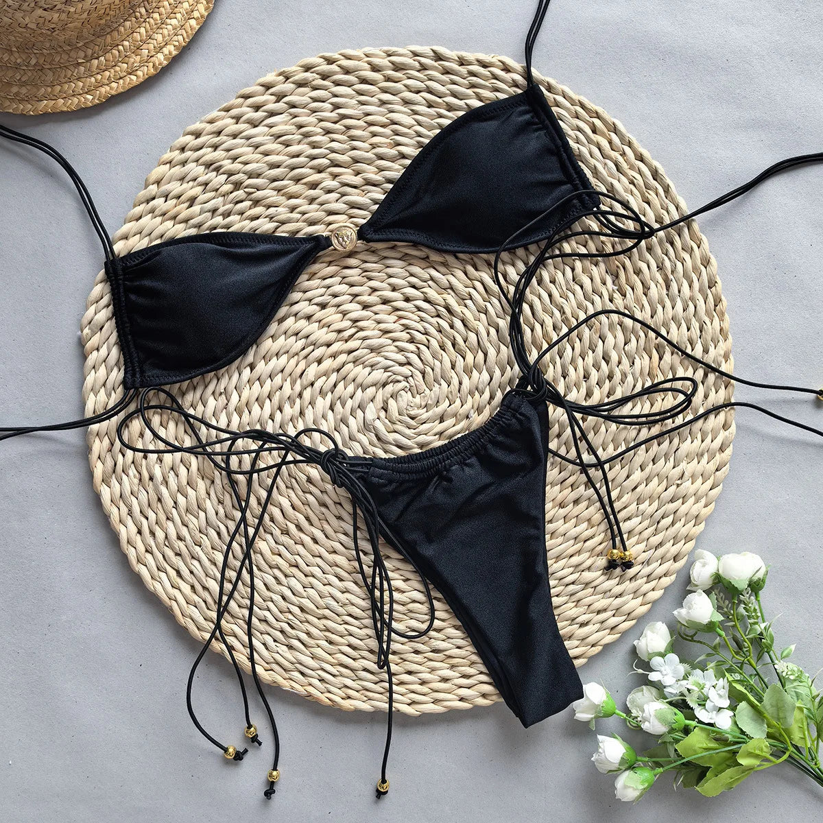 Solid White Black Bikini for Women Cut Out Swimwear Low Waist Swimsuit Micro Bikinis Set Bathing Suit Triangle Beachwear 2024