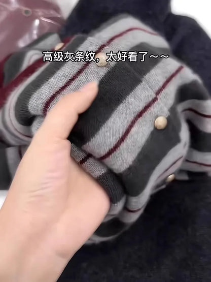 European goods striped cashmere cardigan women spring and autumn new round neck soft waxy senior sense wool knit sweater coat