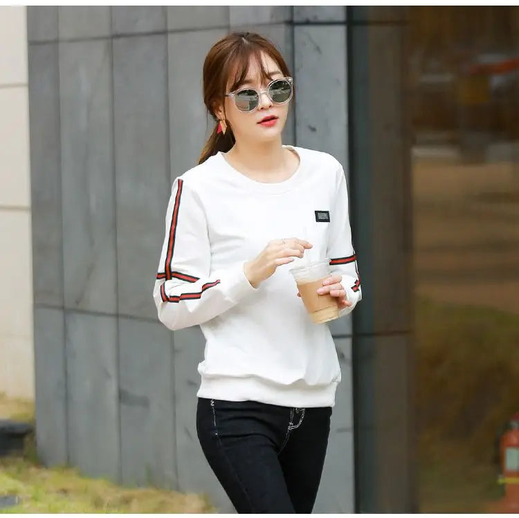 Spring Lady New Loose Appear Thin Long Sleeved Thin Style Korean Round Neck Patchwork Contrasting Colors Insert All-match Tops