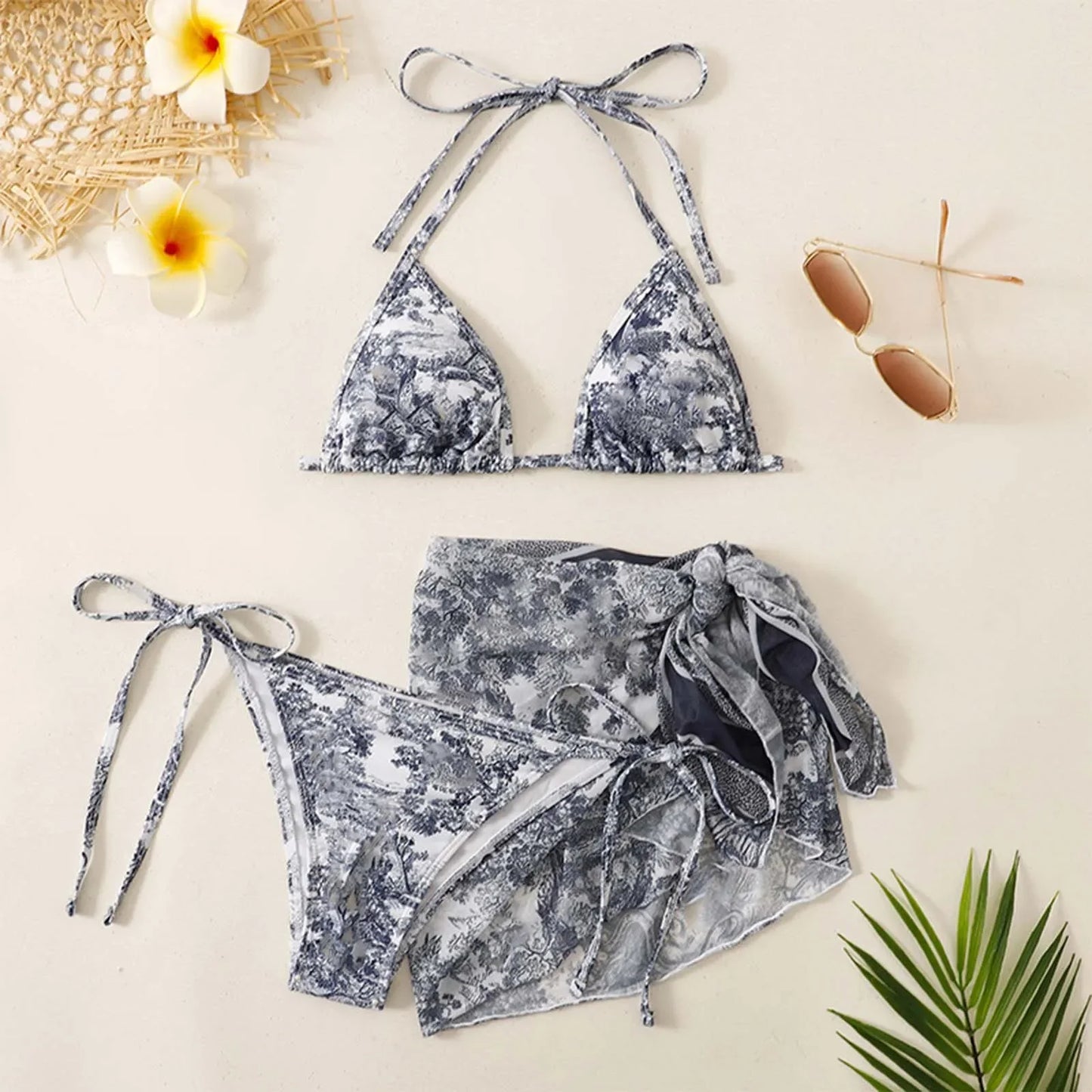 Women's 3 Piece Ink Wash Tie Dye Bikini Set With Sheer Sunscreen Poncho Swimsuit Thong Biquinis Sports Beachwear
