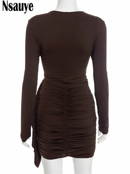 Nsauye New Fashion Women Short Wrap High Waisted Mini Winter Dress 2025 Outfits Sexy Night Club Party Evening Long Sleeve Dress