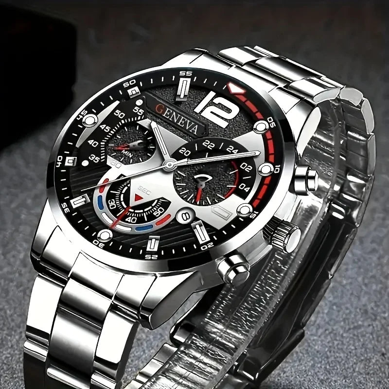 4pcs Fashion Men's Quartz Watch Set Decorative Three-eye Dial Men Business Watches Reloj Hombre（Without Box）