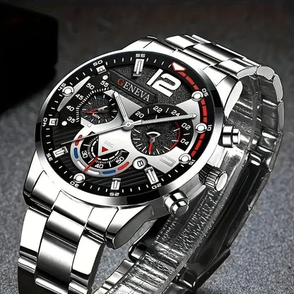 4pcs Fashion Men's Quartz Watch Set Decorative Three-eye Dial Men Business Watches Reloj Hombre（Without Box）