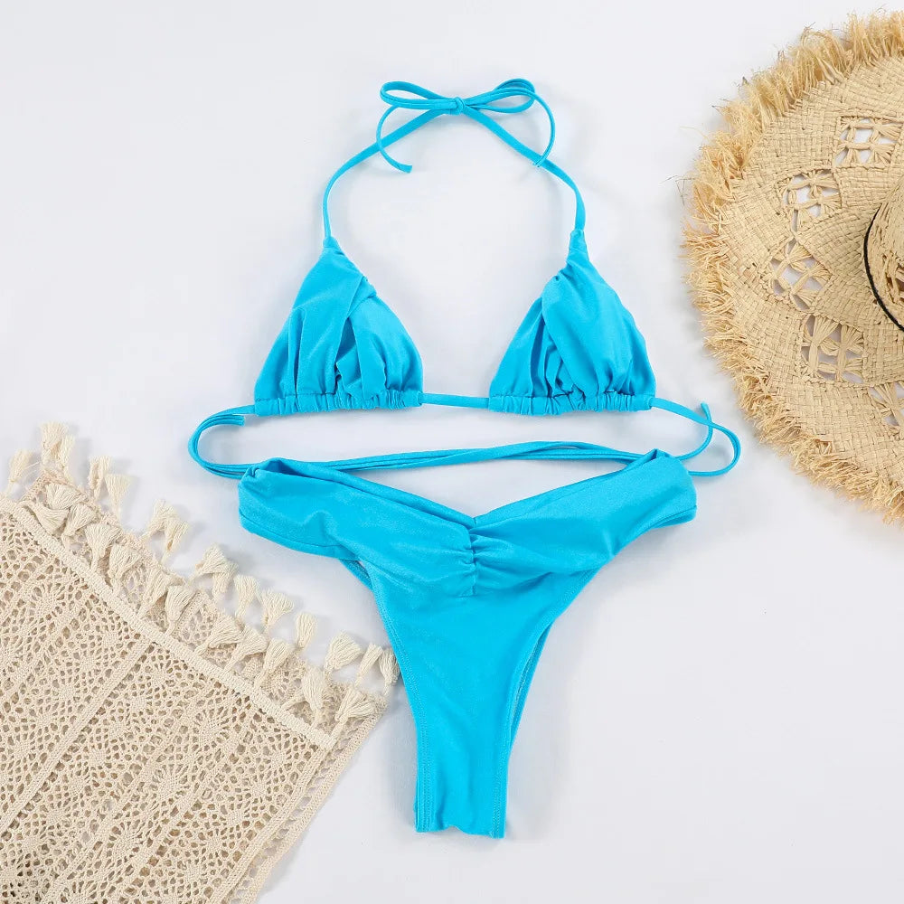 Sexy Bikini Set 2024 New Solid Pleated Bikini Swimwear Push Up Halter Swimsuit White Color Bathing Suits for Women