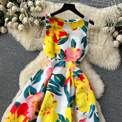 French Elegant Floral Dress Women Retro Round Neck Sleeveless Print Party Dresses Summer Slim A-line Vintage Long Robe Vestidos