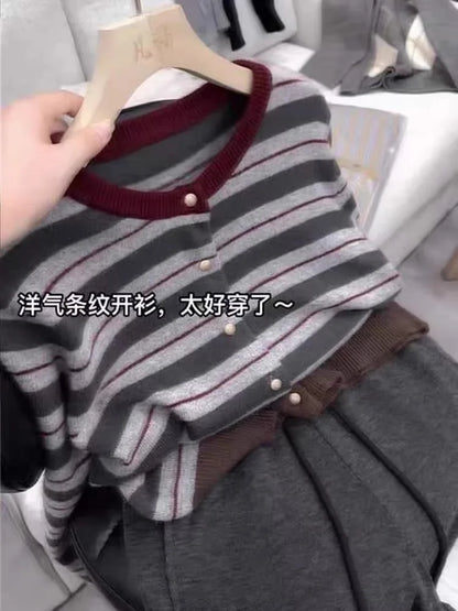 European goods striped cashmere cardigan women spring and autumn new round neck soft waxy senior sense wool knit sweater coat