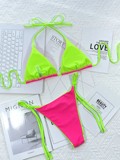 2026 Summer Women's Micro Bikini Set Sexy Halter Lace-Up Swimwear Push Up Thong Trikini Backless Swimsuit Bathing Suit Monokini