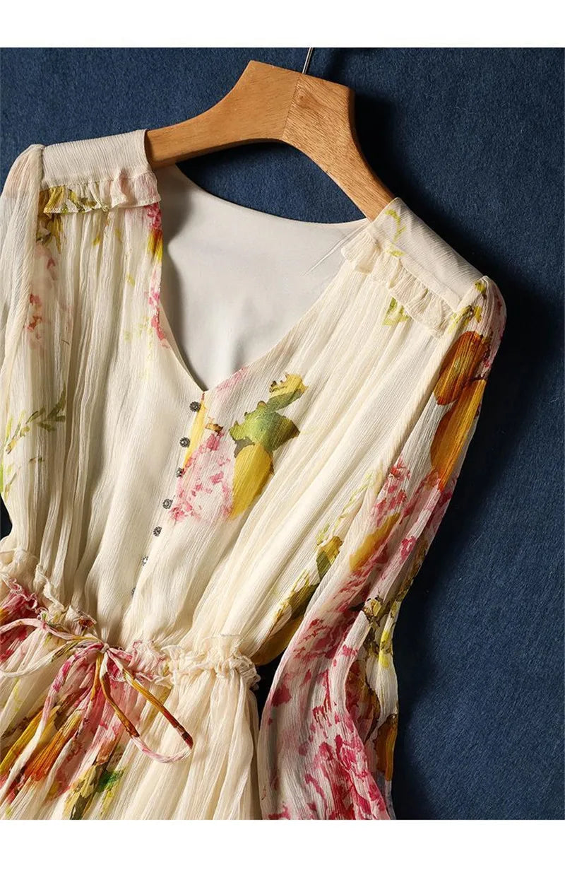 Limiguyue Summer Floral Print Silk Dresses Double Layers Ruffle Beaded Button A-Line Dress Elegant Chiffon Long Vestidos Z044