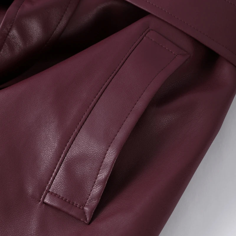Street Pu Leather Women Long Coat Y2K Solid Belt Lapel Pocket Full Sleeve Female Jacket 2025 Autumn Winter Lady Outwear New