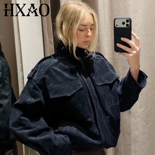 HXAO New Arrival Suede Jacket Women's Jackets Autumn Darkgrey Khaki Bomber Jacket Chic Zip Up Long Sleeve Coat Fashion Outerwear