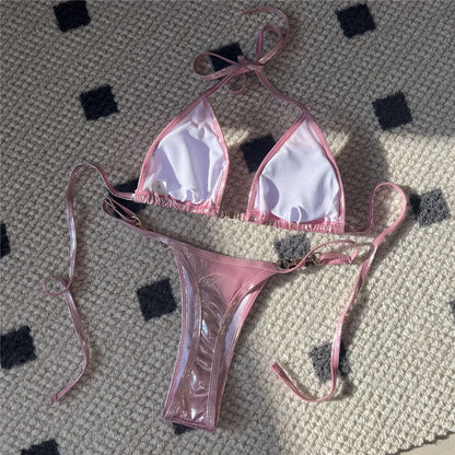 New PU Faux Leather Halter Mini Thong Bikini Female Swimsuit Women Swimwear Two-pieces Bikini set Bather Bathing Suit Swim V5206