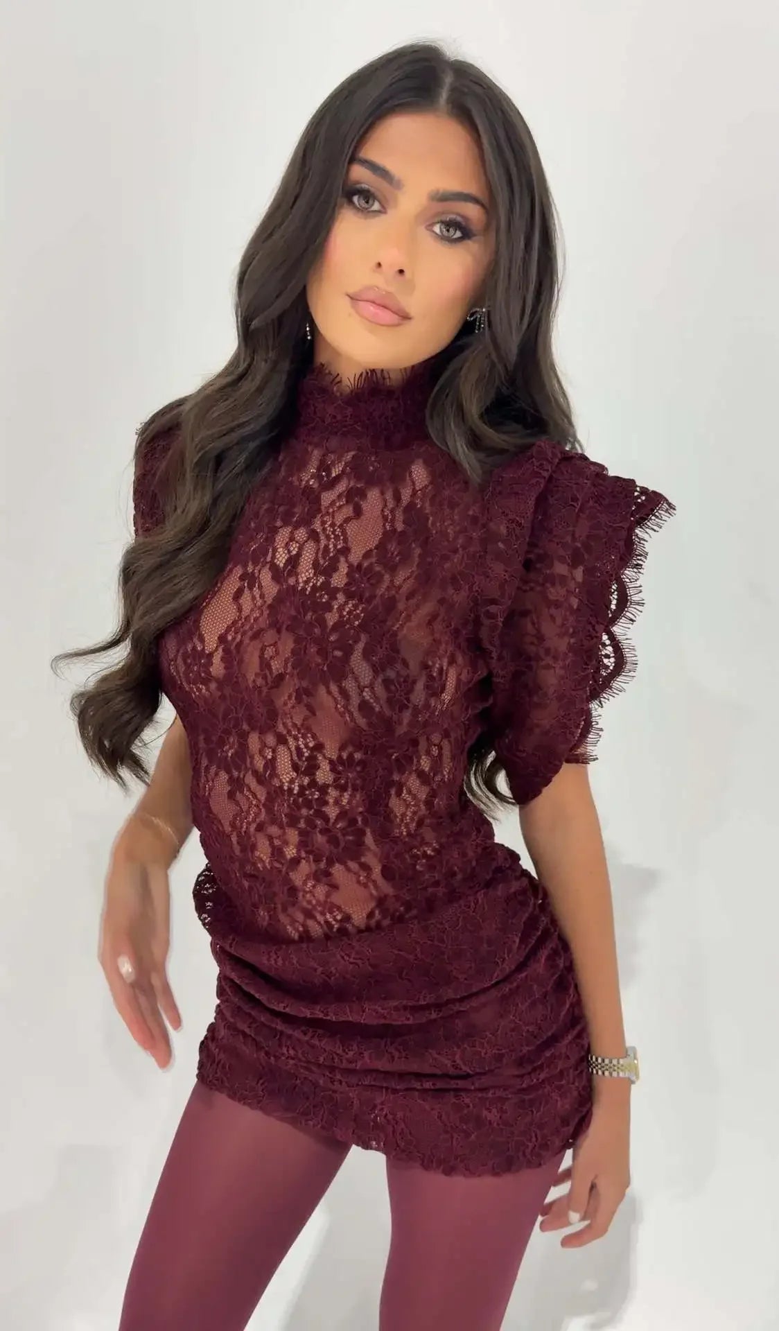 Lace Patchwork Pleated Mini Dress Lady Sexy High Collar Sleeveless Cinched-waist Slim Dresses Women 2026 Evening Party Vestidos