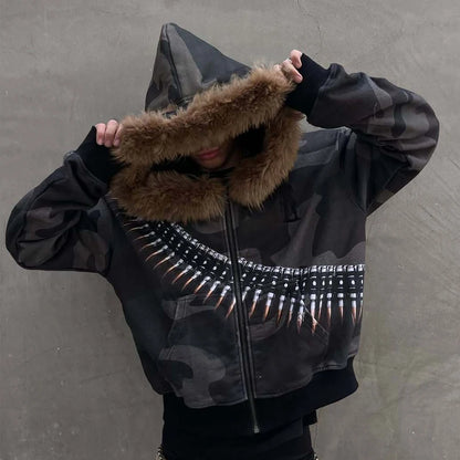 Fur collar cardigan zipper hooded jacket autumn and winter punk hip-hop rock dark style rock fashion all-match Y2K retro jacket
