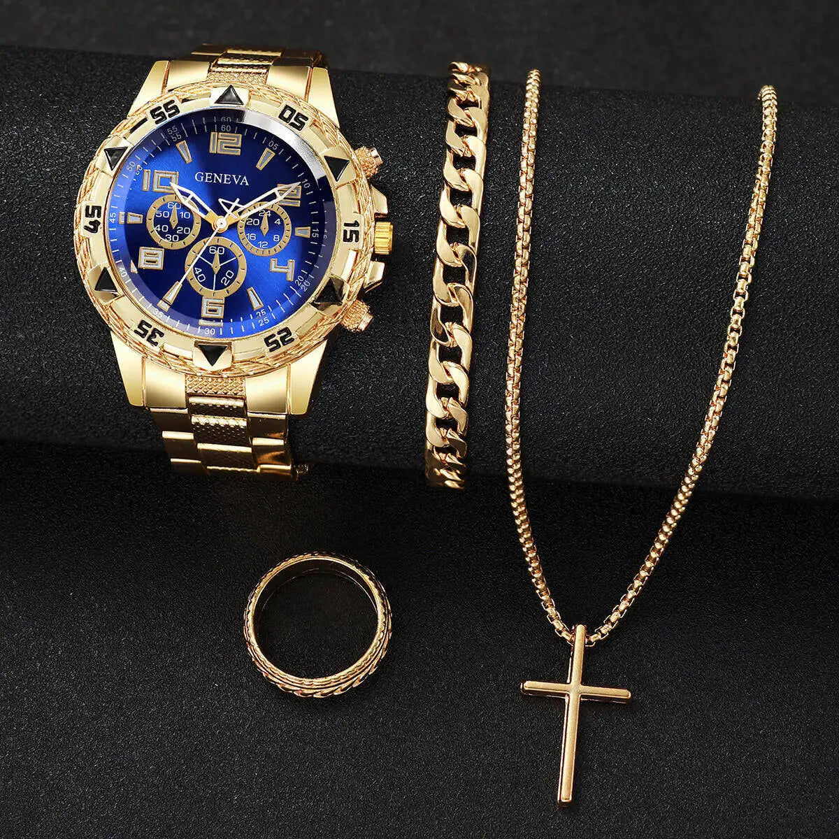 4PCS/Set Fashion Men Business Watches Luxury Big Dial Quartz Watch for Men Clock Jewelry Set Reloj Hombre（Without Box）