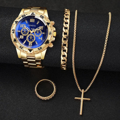4PCS/Set Fashion Men Business Watches Luxury Big Dial Quartz Watch for Men Clock Jewelry Set Reloj Hombre（Without Box）
