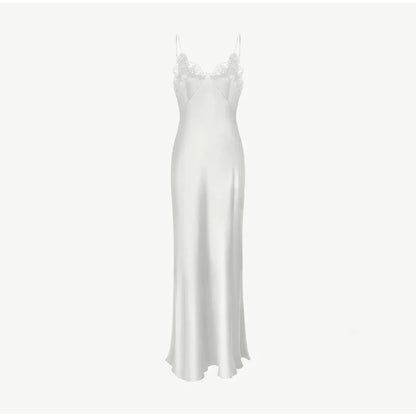 Lace Patchwork Sling Maxi Dress Women Sexy Solid V-neck Sleeveless Backless Satin Slim Long Gown Lady Chic Evening Party Dresses