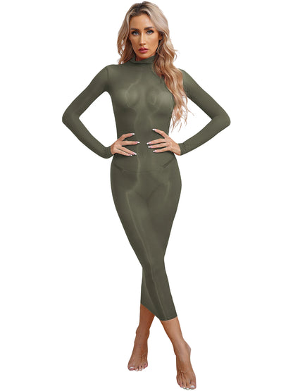 Womens See Though Bodycon Dress Sexy Lingerie Nightwear Long Sleeve Stretchy Glossy Dresses Tempting Party Pole Dancing Clubwear