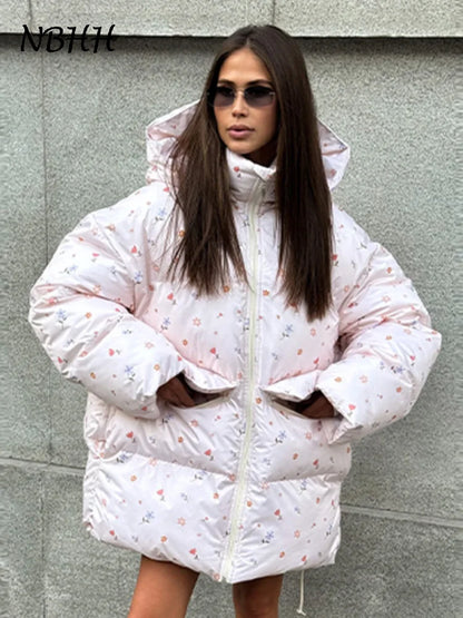 Printed Hooded Puffy Cotton Jacket Women Stand Collar Long Sleeve Zipper Loose Padded Coats 2025 Winter Lady Warm Outwear Street