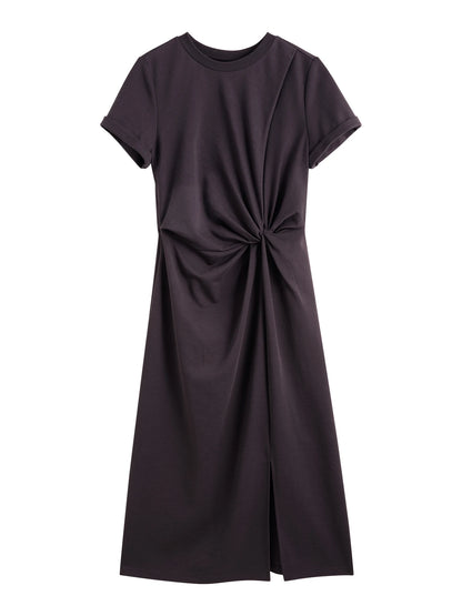 ZIQIAO Women Solid Long Dress 2025 Summer New Casual Round Neck T-Shirt Dresses Grey Short Sleeve X-LINE Dress 25ZQ92026