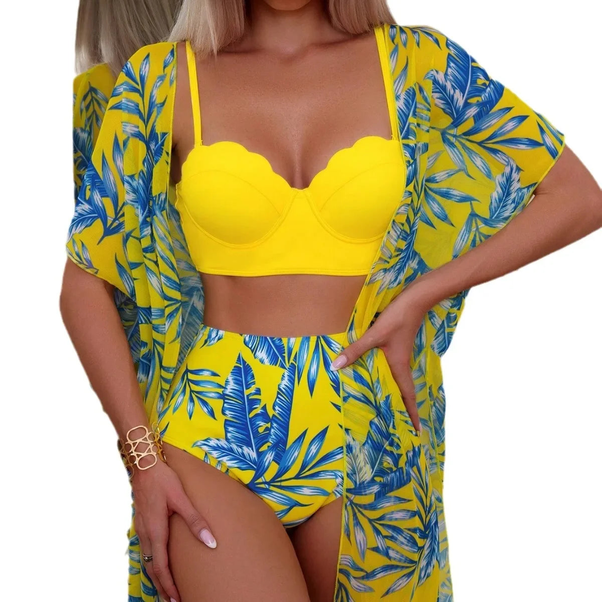High Waist Leaf Print Bikini Swimsuit with Net Cover up Slimming Design Cross-Border New Style Women's Fashion Swimwear