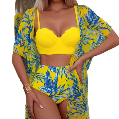 High Waist Leaf Print Bikini Swimsuit with Net Cover up Slimming Design Cross-Border New Style Women's Fashion Swimwear