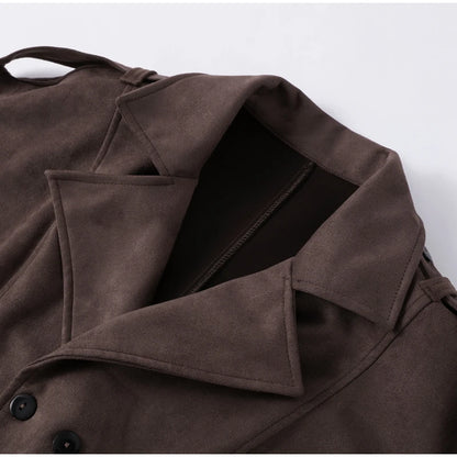 Women's Faux Suede Cropped Trench Coat Jacket Belted Notched Lapel Lace-up Retro Chic Outerwear Spring New High Street Outfit