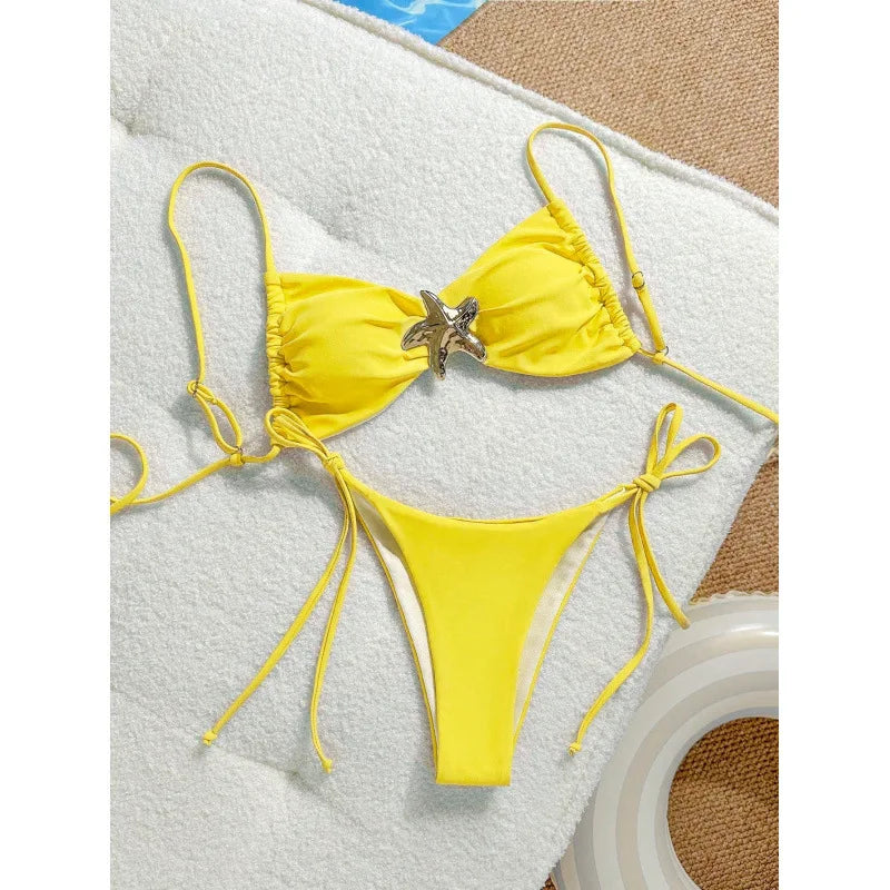 Sexy Solid Color Bikini Set Two Piece Swimsuit Pure Color Quick Dry Backless High Elasticity Nylon Fabric for Swimming And Wa...