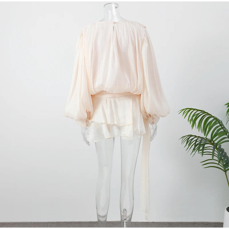 Women Solid O-neck Long Lantern Sleeve Short Dress Fashion Pleated High Waist Lace-up Mini Dresses Summer Vocation Lady Robe