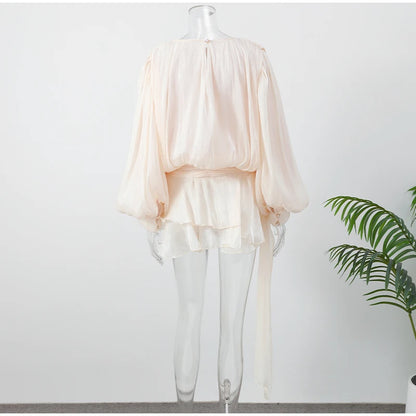 Women Solid O-neck Long Lantern Sleeve Short Dress Fashion Pleated High Waist Lace-up Mini Dresses Summer Vocation Lady Robe